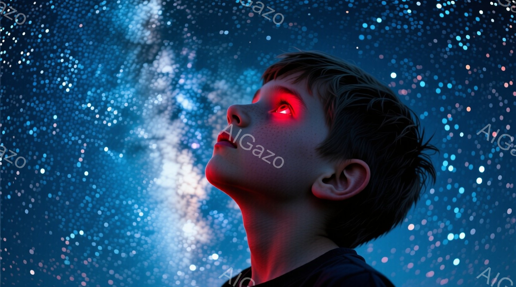 若い少年が夜空を見上げている。彼は黒いTシャツを着ており、短く刈り込んだ茶色の髪をしている。彼の瞳は不気味な赤い光を放っており、空には無数の星が輝き、神秘的で幻想的な雰囲気を醸し出している。 - AI生成フリー素材