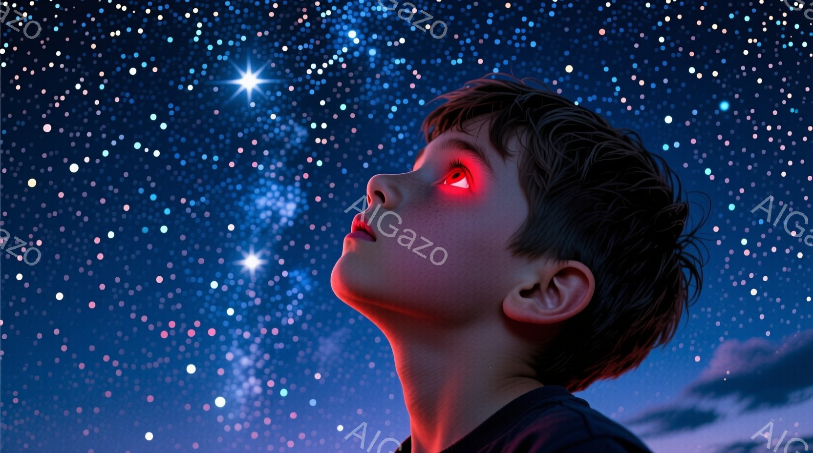 少年は夜空を見上げており、その目はまるで星のように赤く光っている。彼は黒いシャツを着ており、短い茶色の髪は少し無造作に整えられている。背景は無数の星が輝く夜空で、雲がかすかに見え、神秘的で幻想的な雰囲気を醸し出している。