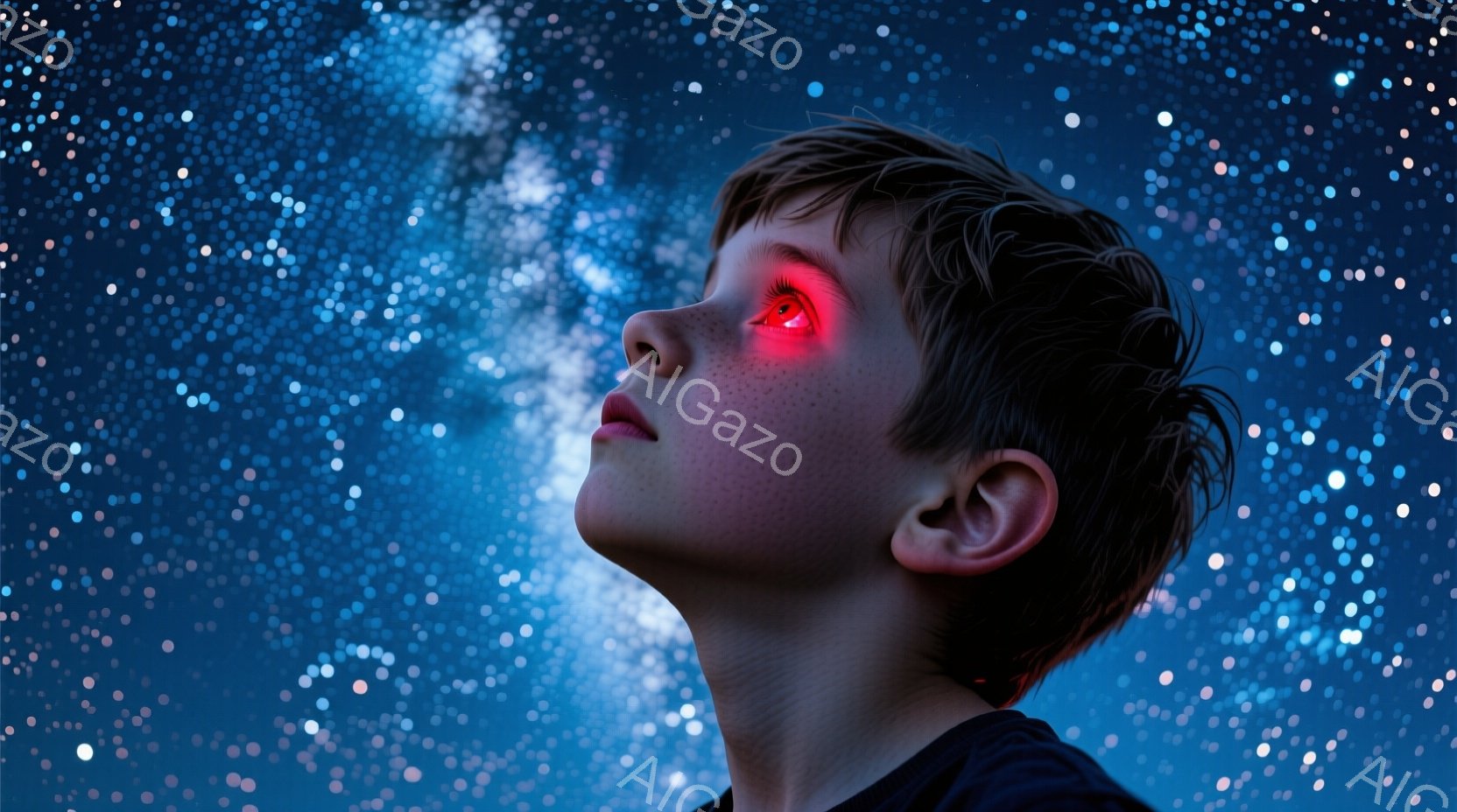 この少年は、夜空を見上げています。黒いTシャツを着ており、顔にはそばかすがあり、髪は短く、少し無造作にセットされています。その目は赤く光っており、星空を背景とした幻想的な雰囲気を醸し出しています。