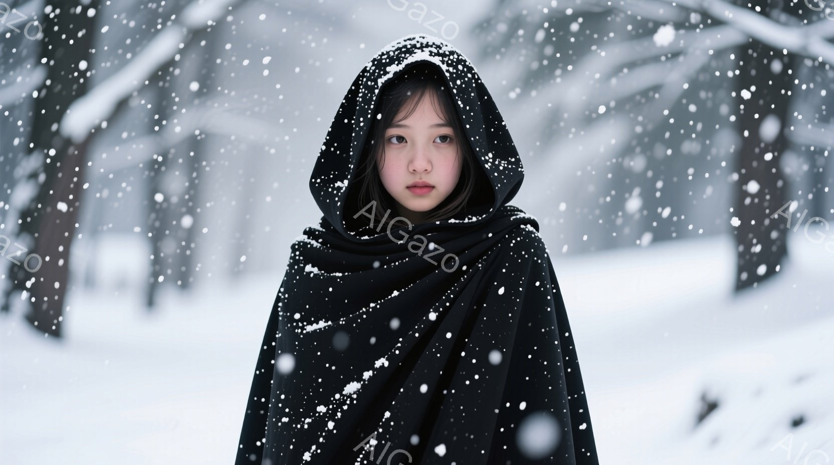 フード付きの黒いコートを着た若い女性が写っています。彼女はまっすぐ前を見つめ、やや憂いを含んだ表情をしています。背景は雪が降る冬の森で、白一色の中に女性のシルエットが際立っています。 - AI生成フリー素材