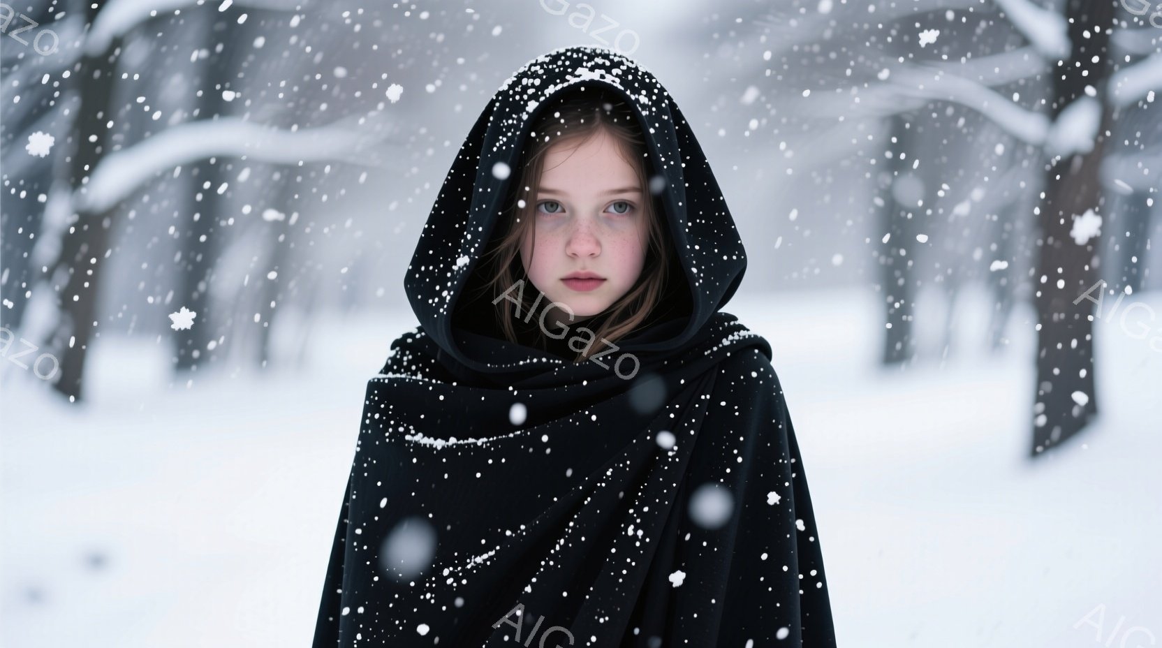 雪が降り積もる森林の中で、黒いフードを被った少女が正面を見据えています。彼女は肩から黒い外套を羽織り、少し憂いを帯びた表情で、どこか神秘的な雰囲気を漂わせています。背景は白銀の世界で、木々の間から雪が舞い散り、幻想的な冬の風景が広がっています。
