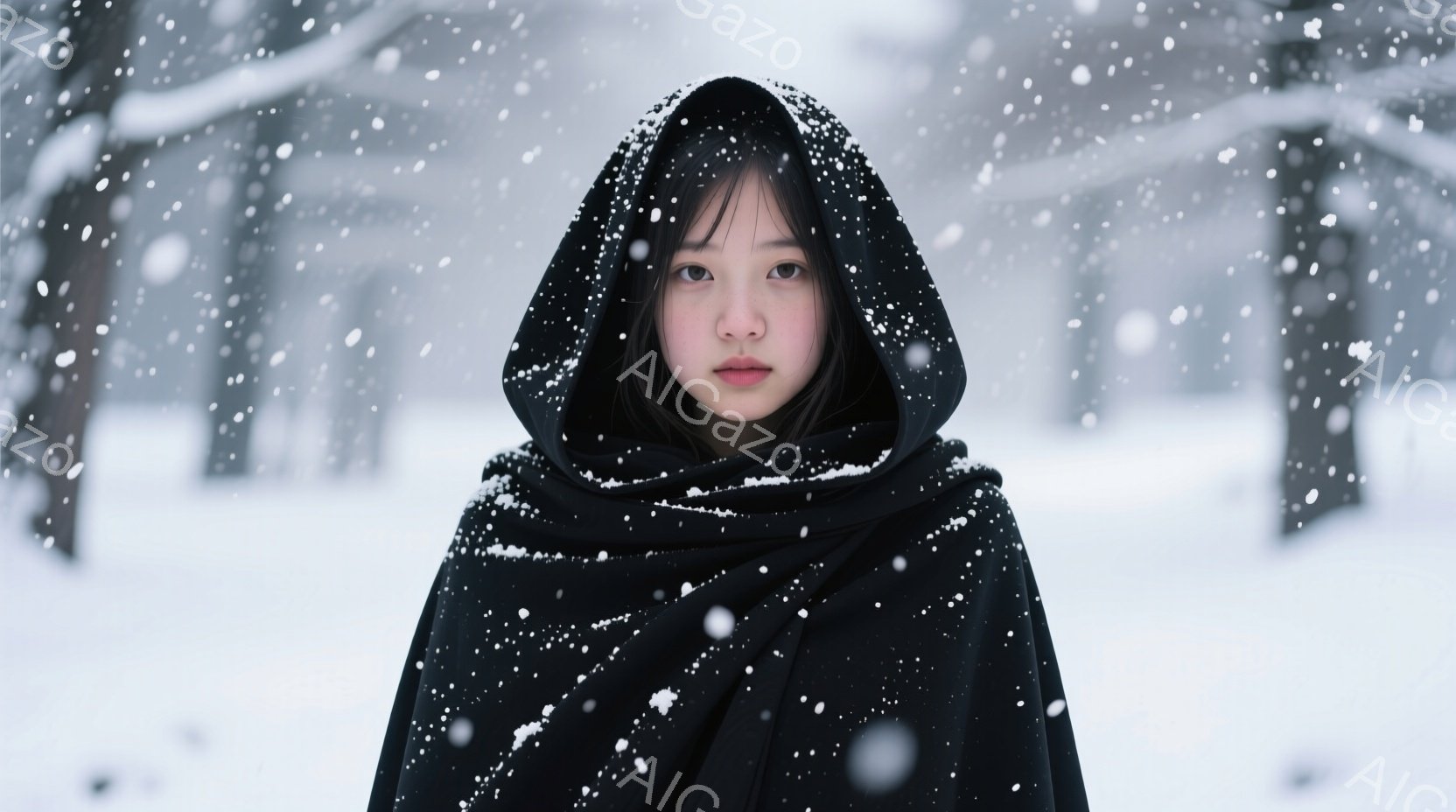 濃い黒いフードを被った女性が、雪が降る白い風景の中に立っている。彼女はまっすぐ前を見据え、落ち着いた表情で、黒いコートのようなものを羽織っている。背景は白く、雪が舞い、冬の静寂と少しの寂寥感が漂っている。