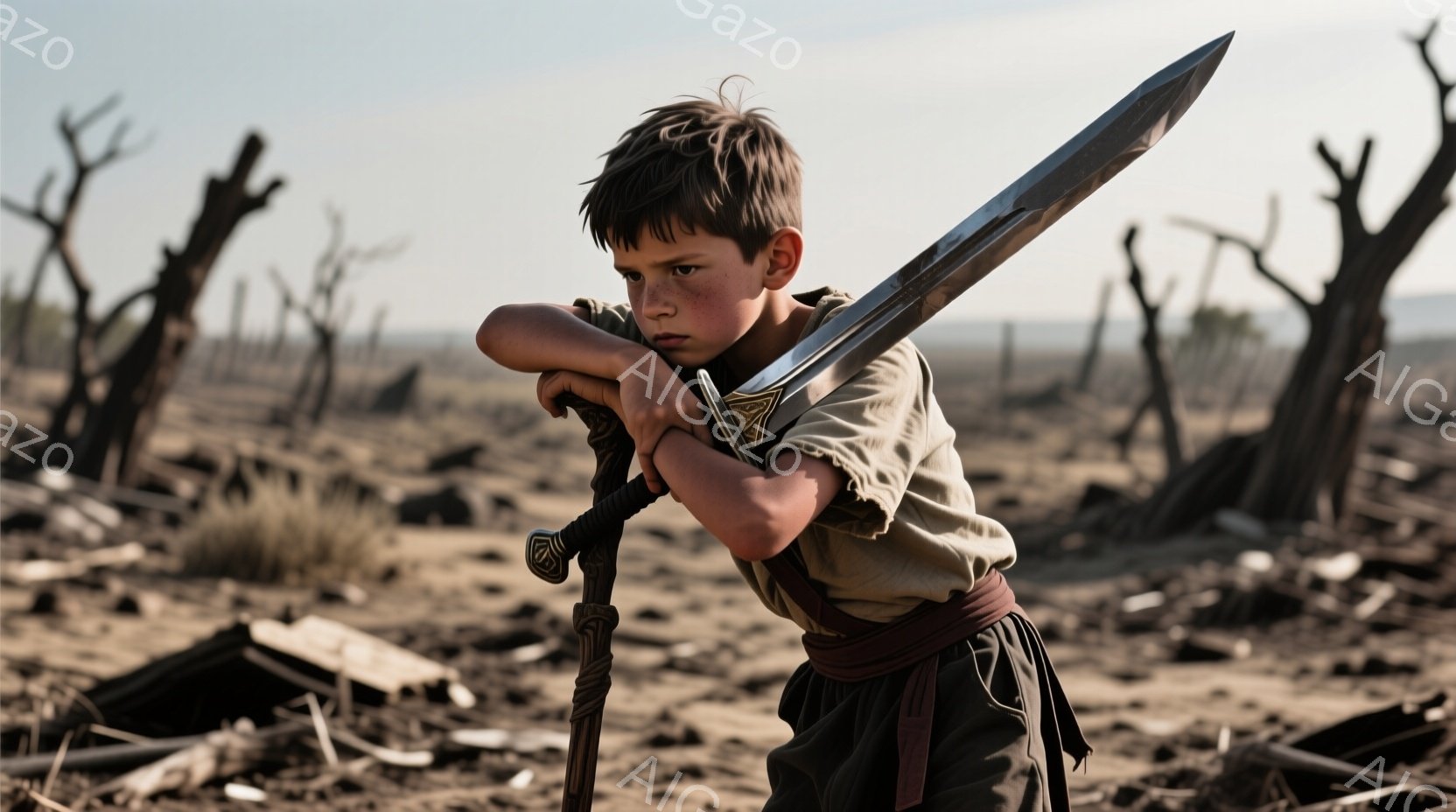 少年は薄汚れたベージュ色のシャツと、茶色の帯で締めた濃い緑色のズボンを身に着けており、短く刈り込んだ髪と厳しい表情をしている。彼は巨大な剣を肩に担ぎ、険しい表情で遠くを見つめている。背景は荒涼とした風景で、枯れた木々が点在し、瓦礫が散らばっており、全体的に荒廃した、厳しい雰囲気を醸し出している。