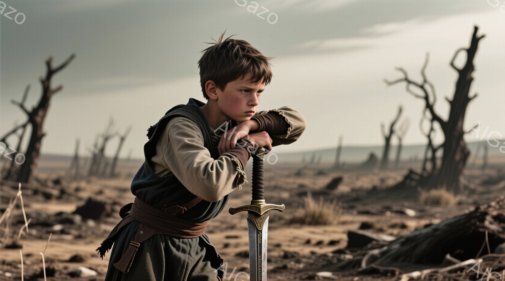 若い少年が荒涼とした風景の中に立っている。彼は薄汚れた緑色のシャツと、茶色の革ベルトで固定された粗末なズボンを身につけ、肩には茶色の肩当てをしている。少年の髪は無造作で短く、表情は憂鬱で、片手に剣を握り、まるで戦いの後のような風景を見つめている。
