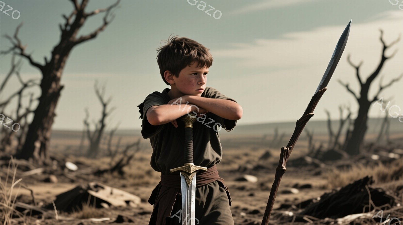 少年は埃っぽい荒野に立ち、腕組みをして厳しい表情を浮かべている。彼は緑がかった薄暗い色の粗末なシャツとズボン、腰に革のベルトを締めており、手には大きな剣を抱えている。背景には枯れた木々が生い茂り、乾燥した不毛な風景が広がり、荒廃と孤独な雰囲気を醸し出している。