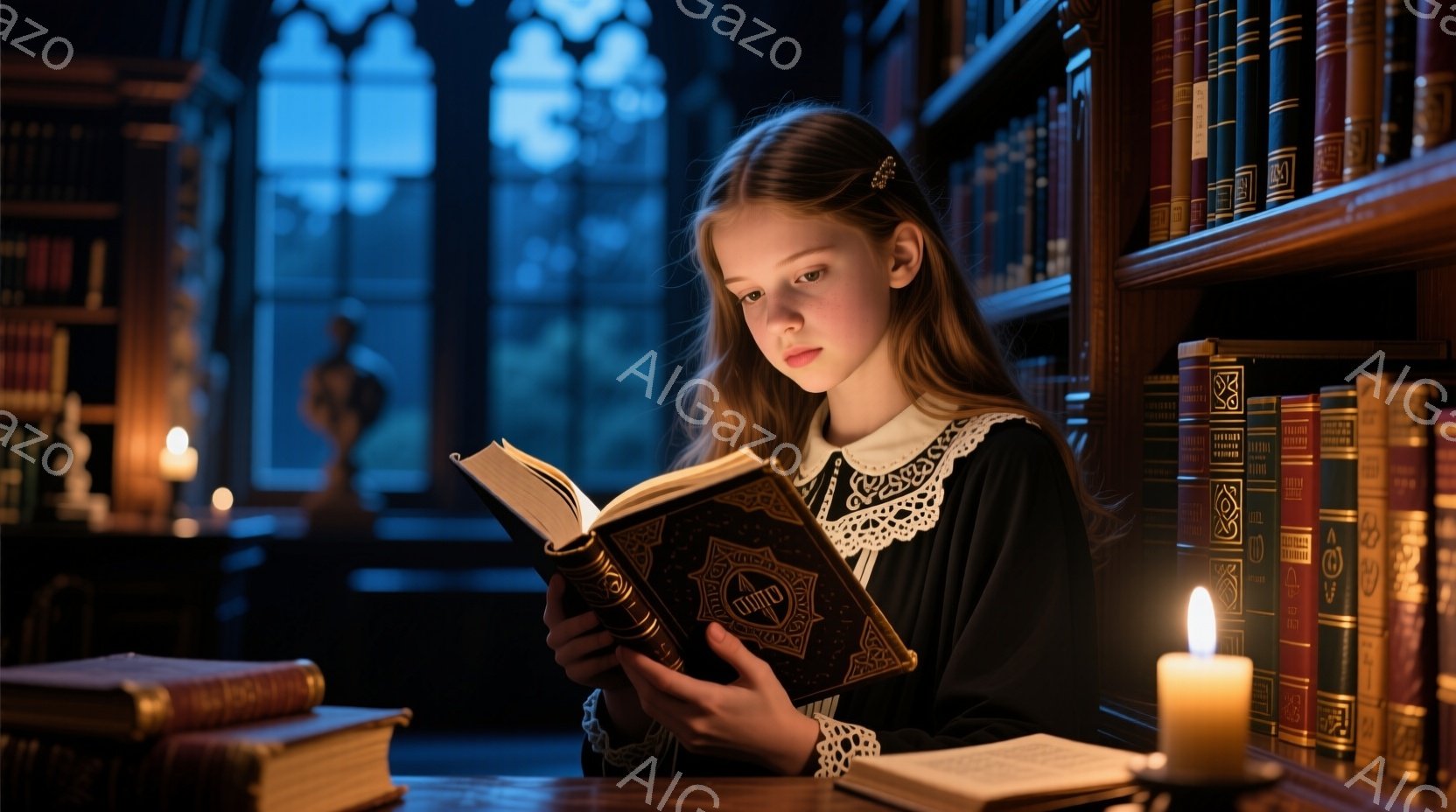 少女は暗い書斎で、装飾が施された古書を熱心に読んでいる。彼女は黒いワンピースを着ており、髪は後ろで丁寧にまとめられている。周囲は積み上げられた本棚と、柔らかい光を放つ蝋燭で照らされ、厳粛で静謐な雰囲気が漂っている。