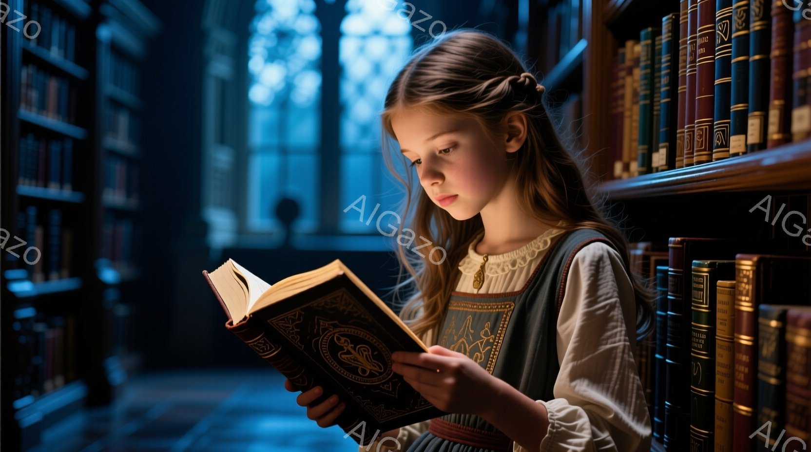 若い少女が古びた装丁の本を真剣な眼差しで読んでいる。彼女は、オフホワイトのブラウスにダークグリーンのベスト、そしてシンプルなスカートという、中世風の服装をしており、髪は三つ編みにして肩から背中に流している。背景には、古書で埋め尽くされた高い書架が並び、薄暗い光の中で静かで神秘的な雰囲気が漂っている。