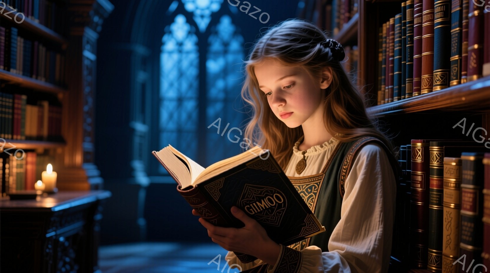 少女は、深い緑色のベストと白いブラウスを着て、古風な図書館で本を読んでいます。彼女の髪は三つ編みにされ、集中した表情で本に没頭しています。背景には、たくさんの本が並んだ高い本棚と、ステンドグラスから差し込む薄暗い光が見え、落ち着いた雰囲気を醸し出しています。