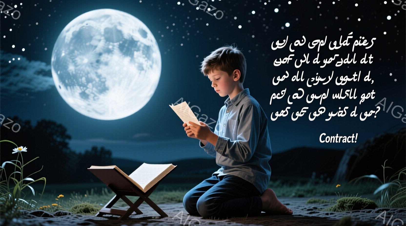 少年は膝をつき、机の上に置かれた本を熱心に読んでいる。彼は青いシャツを着ており、短い茶色の髪をしている。背景には、夜空に輝く満月と、緑の草が生い茂る暗い風景が広がり、静かで神秘的な雰囲気を醸し出してい - AI生成フリー素材