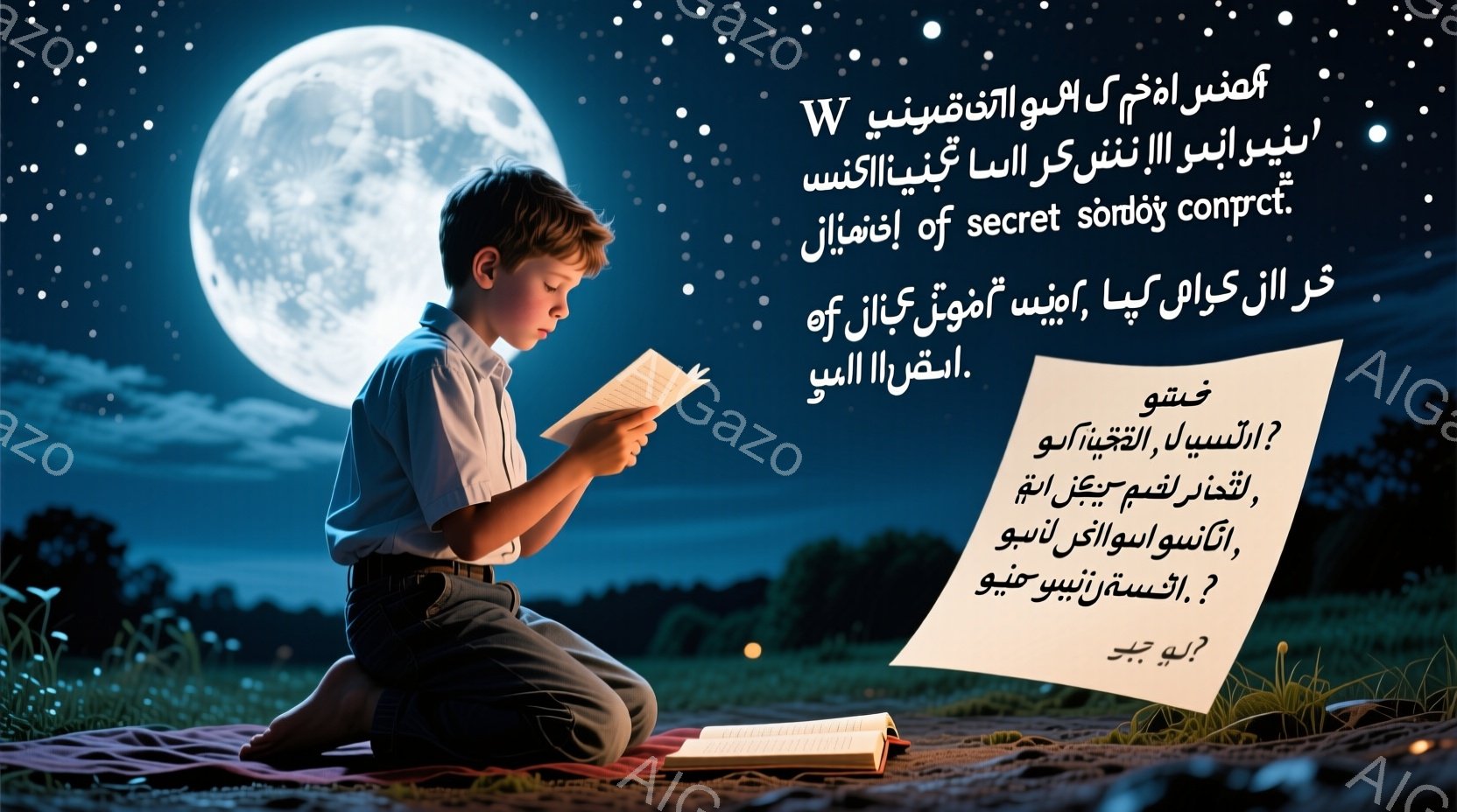 若い少年が草原に座り、膝の上に開いた本を読んでいます。彼は紺色のシャツと短パン、そしてスニーカーを履いており、髪は短く切られています。背景には緑豊かな草地と木々が広がり、夕暮れ時の穏やかな光が少年を照 - AI生成フリー素材