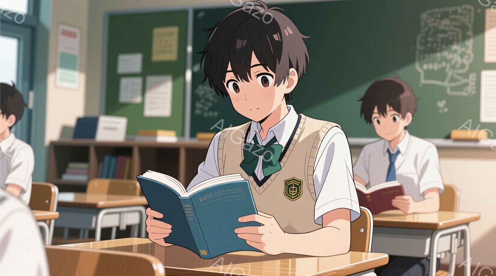教室の様子で、制服を着た少年が描かれている。彼は茶色の髪で、少し頬を赤らめ、真剣な表情で本を読んでいる。背景には他の生徒たちが座っており、教室の黒板には落書きがされている。 - AI生成フリー素材
