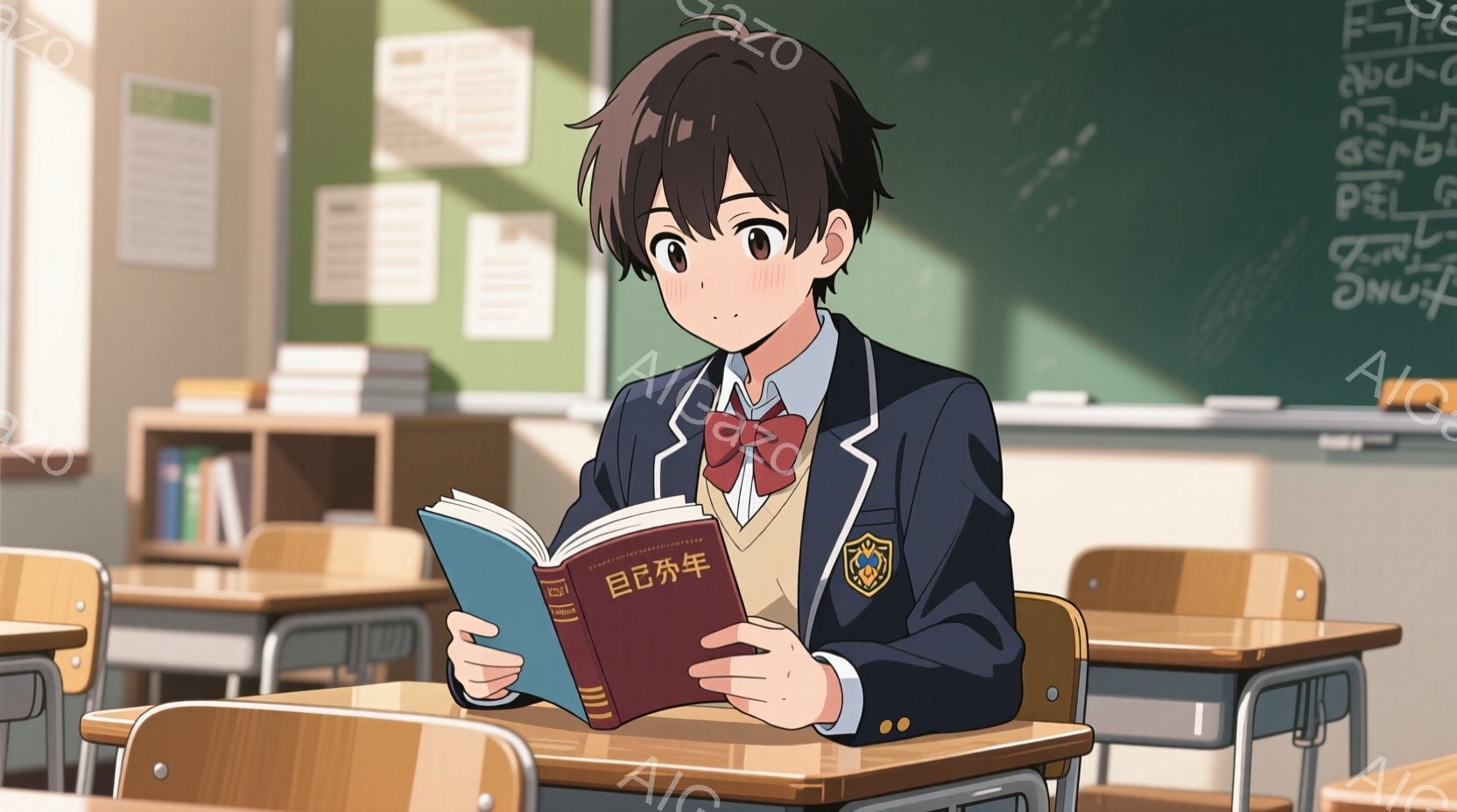 少年は制服を着て教室の机に座っており、真剣な表情で本を読んでいます。彼の髪は暗い茶色で、前髪は軽くカールしています。教室は木製の机と椅子が並び、黒板には文字が書かれており、明るい日差しが差し込んでいま - AI生成フリー素材