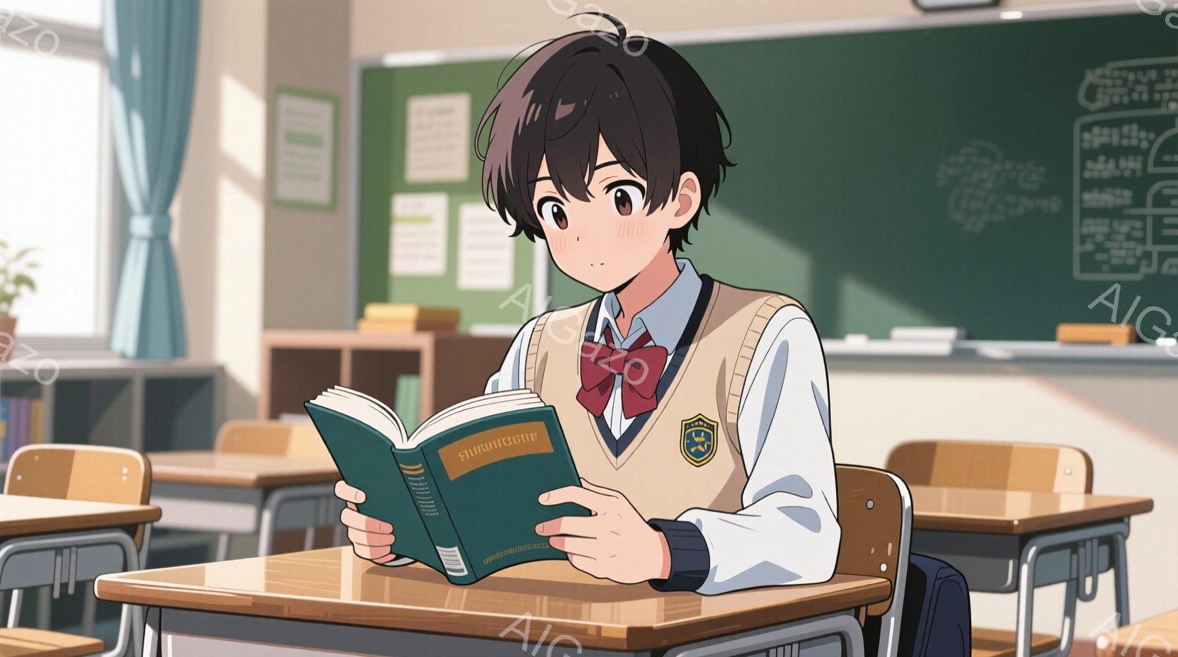 制服を着た少年が教室で本を読んでいます。彼は茶色の髪で、少し微笑んだ表情をしています。背景には黒板、机、椅子が見え、明るく穏やかな雰囲気です。