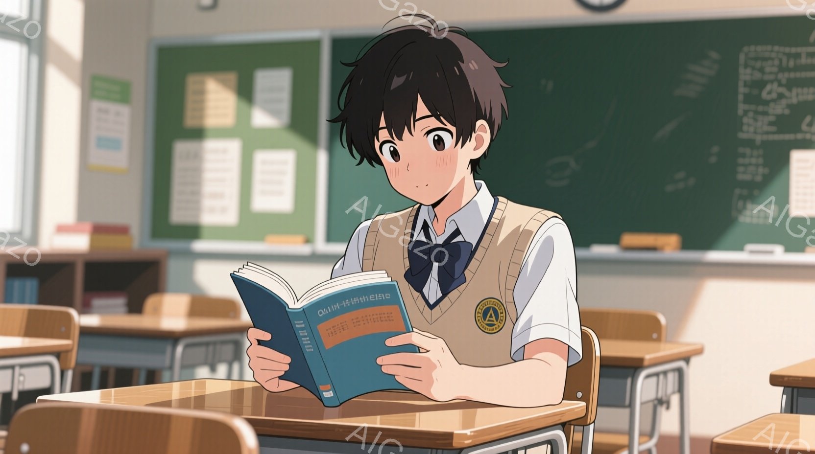 教室で本を読む少年を描いています。彼は紺色のブレザーに薄い青色のシャツ、ネクタイを着用し、黒髪のショートヘアで、少し頬を赤らめて微笑んでいます。教室には木製の机と椅子が並び、黒板には手書きの文字が書か - AI生成フリー素材