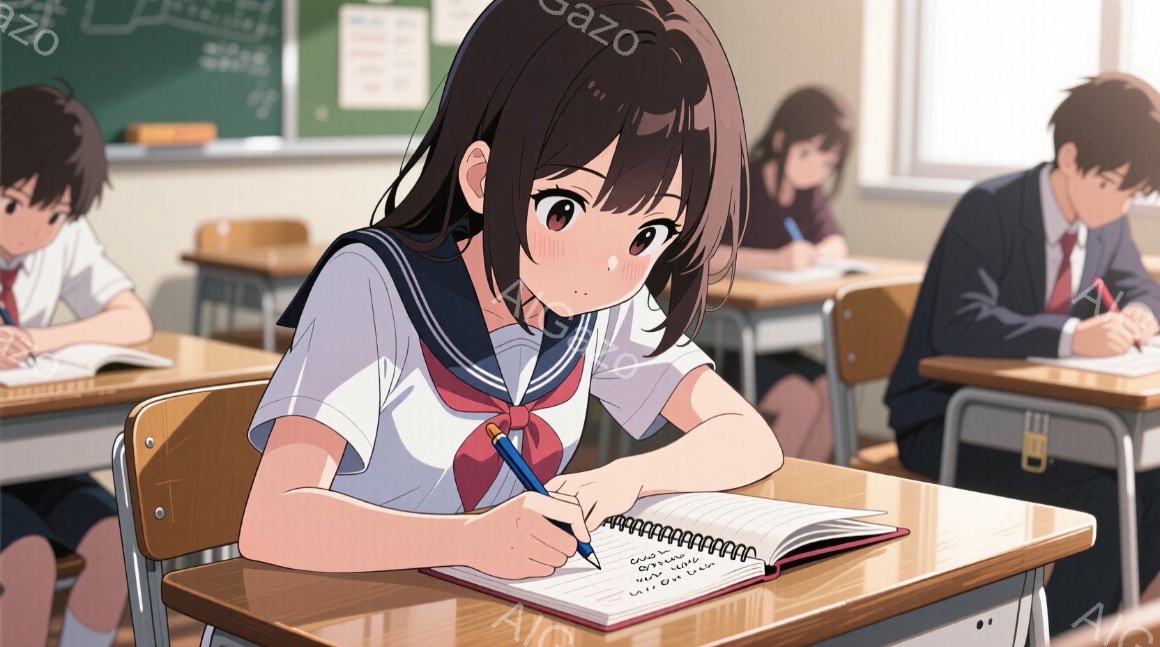 制服を着た女子学生が教室でノートに何かを書いている様子を描いています。彼女は長いダークブラウンの髪をサイドに流し、集中した表情で青いペンを持っています。教室には他の生徒もおり、木製の机と椅子が整然と並べられています。