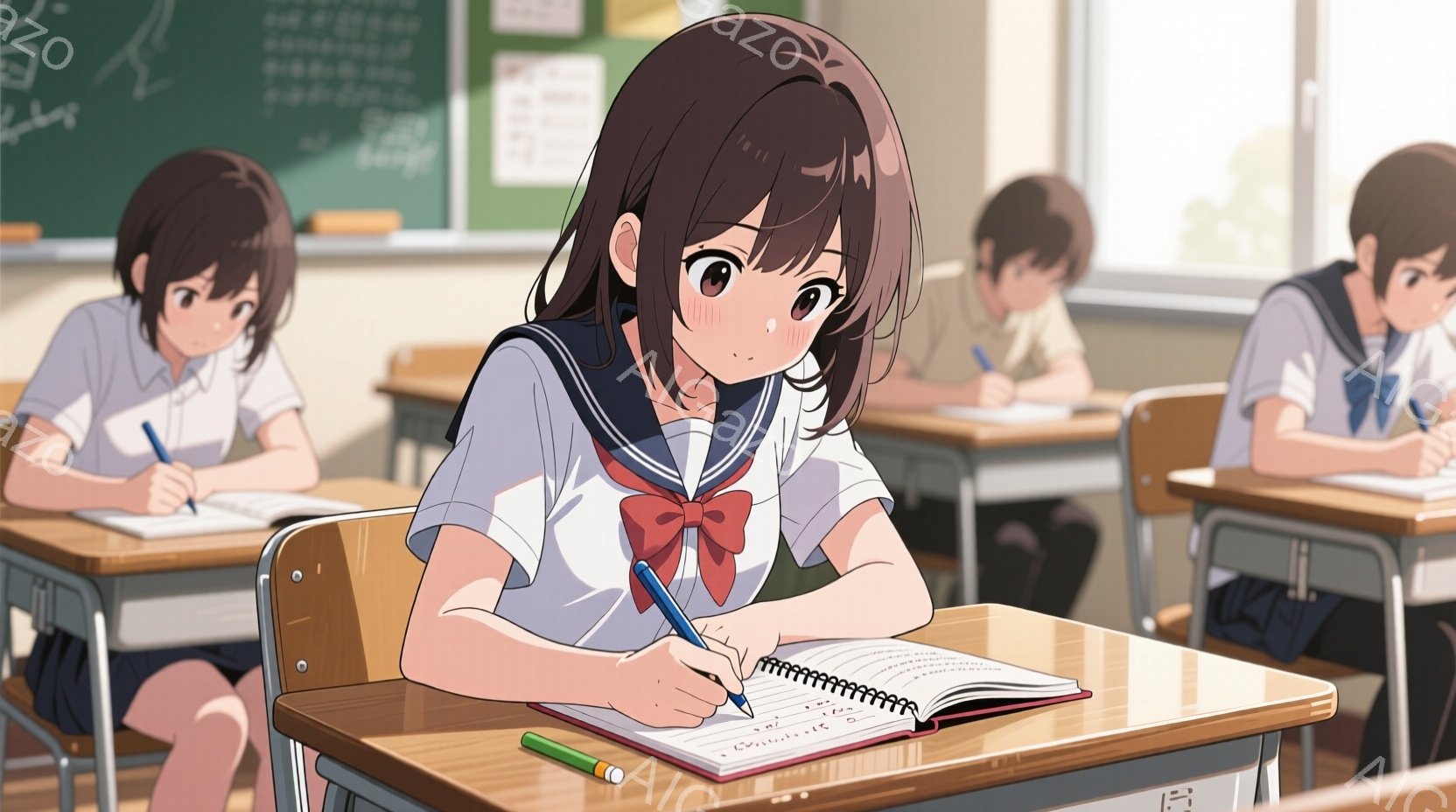 高校の教室の様子を描いています。一人の少女が机に向かい、ノートにペンで何か書き込んでおり、少し緊張した表情をしています。教室には他の生徒たちもおり、それぞれ勉強に集中しています。