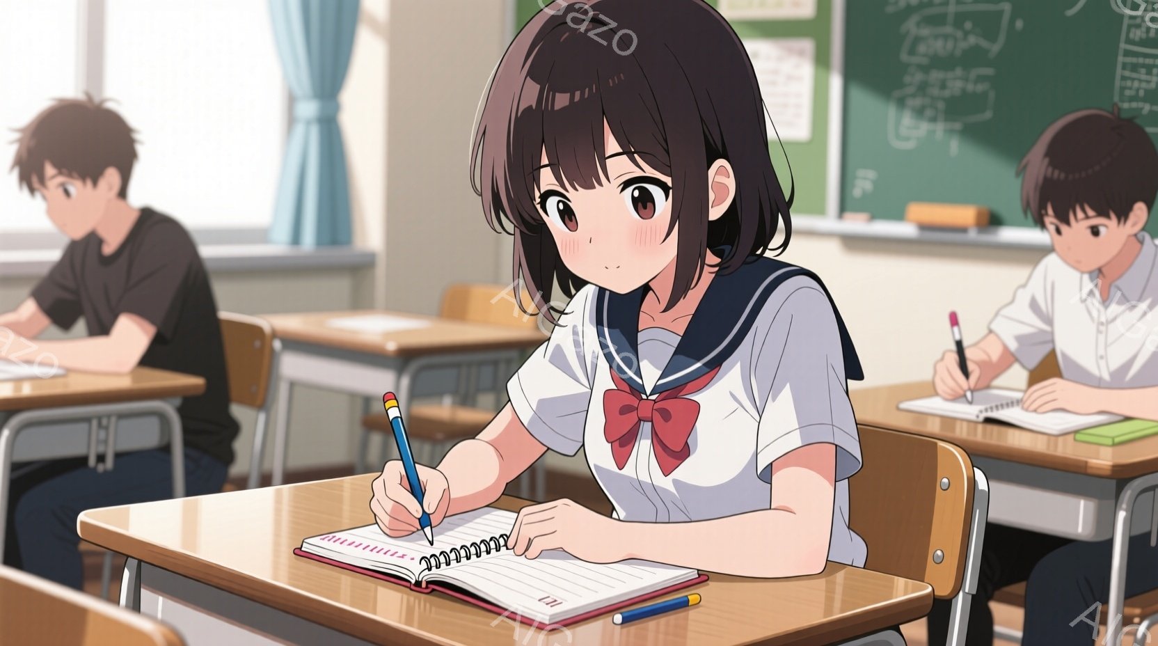 教室で勉強している女子学生を描いています。彼女は茶色の短い巻き毛で、白いブラウスに赤いリボンとセーラー服を着ています。集中してノートに書き込み、少し微笑んでいる様子から、真剣に取り組んでいることがわかります。