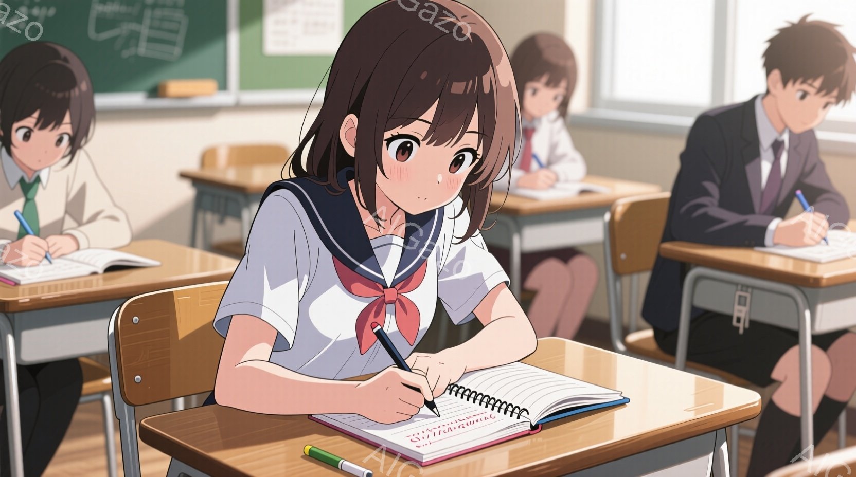 教室の中で、女子生徒が机に向かってノートに何かを書き込んでいる様子が描かれています。彼女はショートヘアで制服を着ており、集中した表情で筆記に励んでいます。教室には他の生徒もおり、窓からは明るい光が差し - AI生成フリー素材