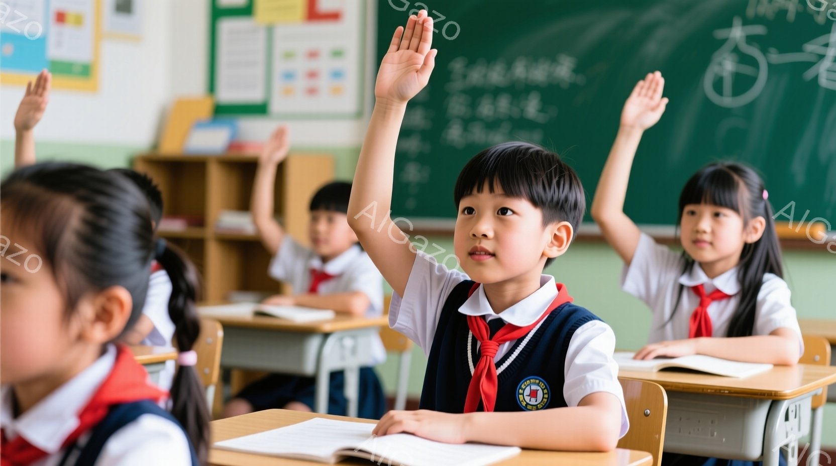 教室で、制服を着た子供たちが授業を受けています。男の子は手を挙げて質問をしているようで、他の女の子たちも同様に手を挙げています。背景には黒板があり、何らかの文字や図が書かれており、明るく学習意欲に満ちた雰囲気です。