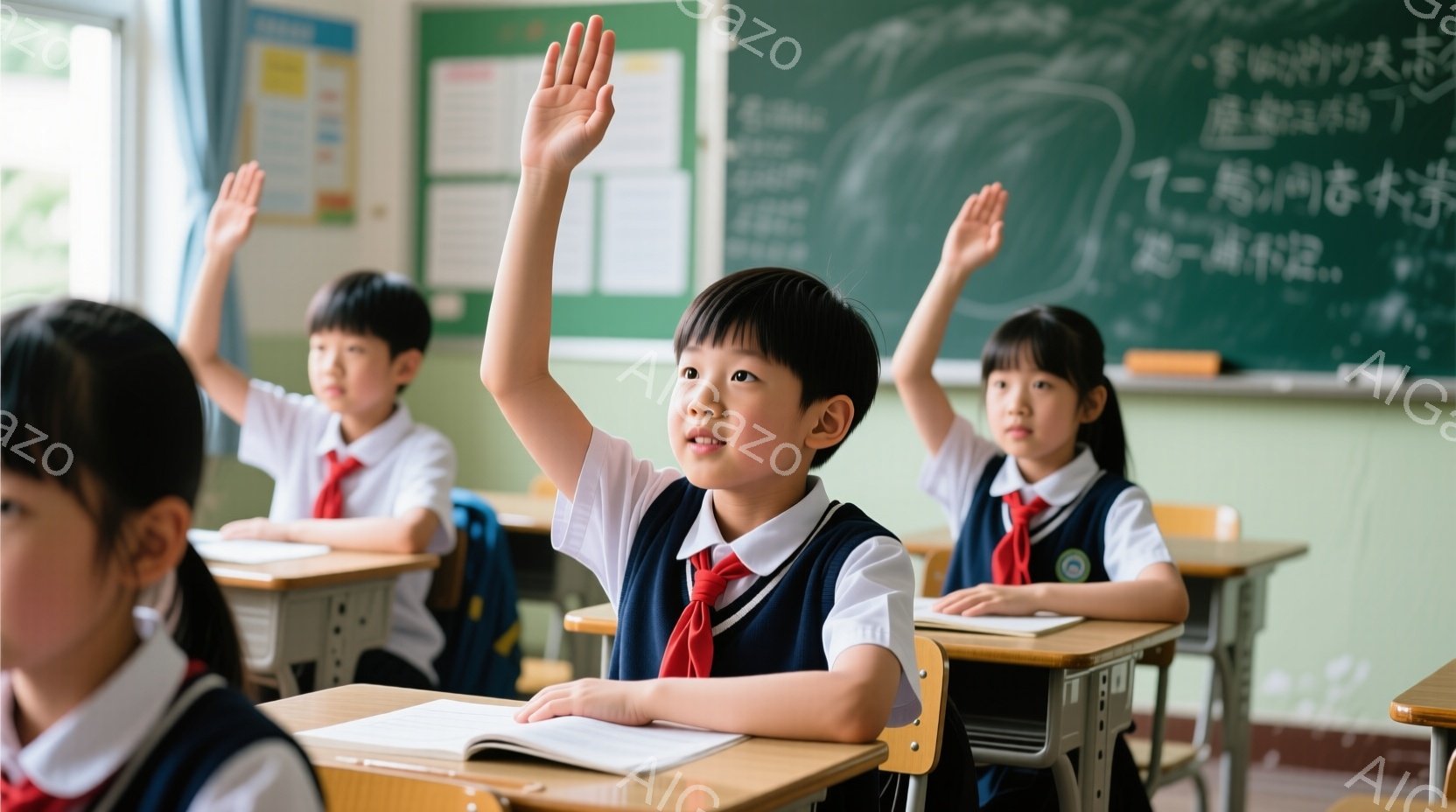 教室で、制服を着た小学生たちが手を挙げています。男の子は明るい笑顔で、女の子は真剣な表情で質問に答えようとしています。背景には黒板があり、机や椅子が整然と並んでいます。