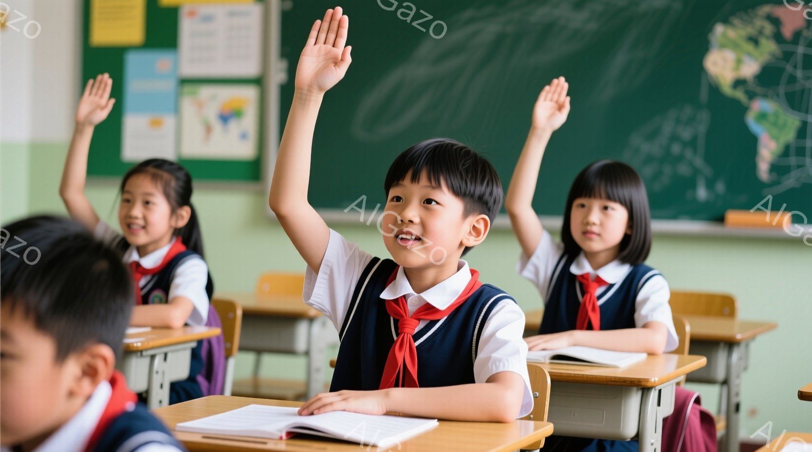 小さな子供たちが教室で手を挙げています。制服は白のシャツに赤いネクタイ、紺色のベストとスカート（またはズボン）で、明るい表情で授業に参加している様子が伺えます。背景には世界地図が飾られた黒板があり、教 - AI生成フリー素材