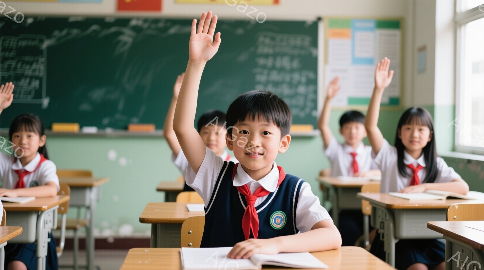 教室には、制服を着た小学生たちが座っており、数人が手を挙げています。子どもたちは皆、短い髪型で、明るい表情をしており、活気のある授業風景がうかがえます。背景には黒板があり、木製の机と椅子が整然と並べら - AI生成フリー素材