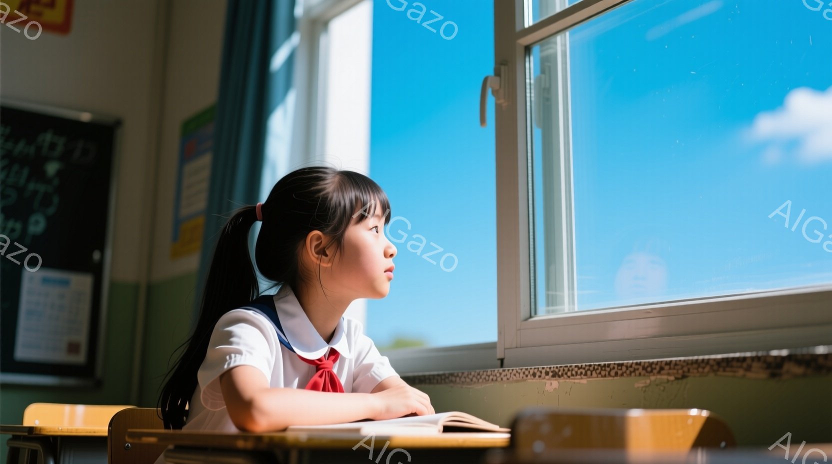 茶色の長い髪をポニーテールにした少女が、教室の窓際で外を眺めている。白いブラウスにネクタイ、紺色のセーラー服を着ており、やや物憂げな表情をしている。背景には青空と白い雲が広がり、教室には木製の机と椅子が並び、静かで穏やかな雰囲気が漂っている。