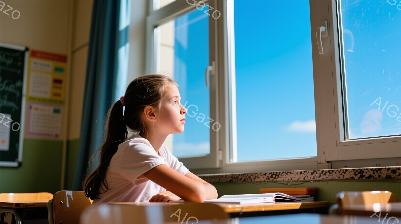 女の子は教室の窓の外を物憂げに見つめており、茶色の髪をポニーテールにしています。白いTシャツを着て、腕を組んで少しうつむき加減の姿勢をとっています。背景には晴れた青空が見え、教室の壁にはポスターが貼られており、少し寂しげで内省的な雰囲気が漂っています。