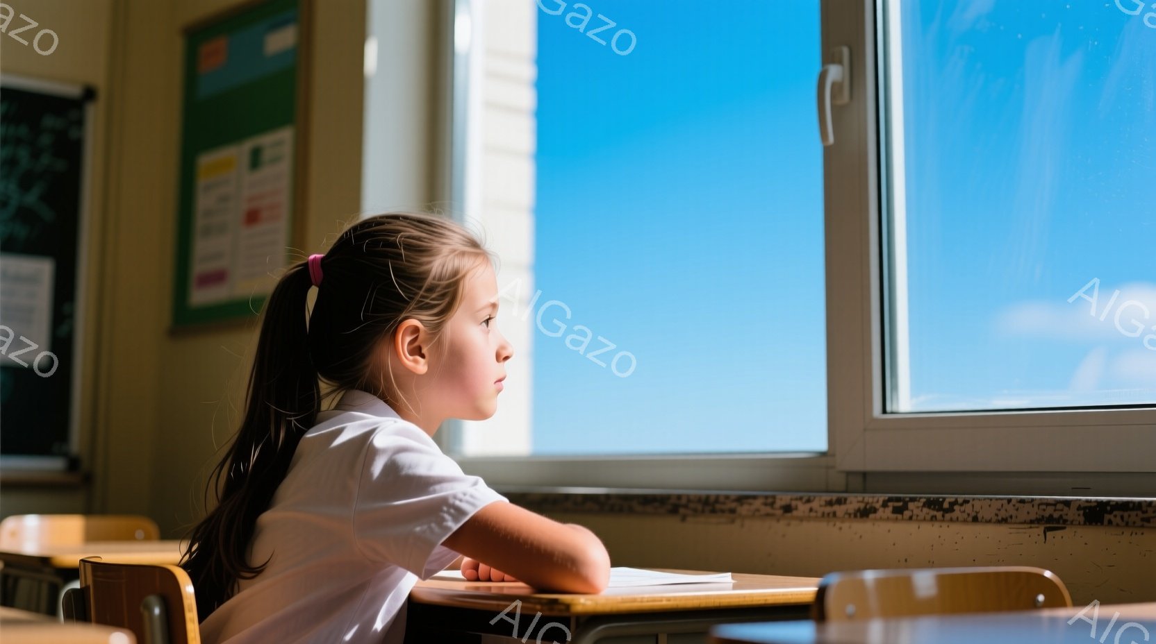 茶髪をポニーテールにした少女が教室で窓の外を見つめている。白いシャツを着ており、やや物憂げな表情をしている。背景には木製の机と、晴れた青空が見え、静かで穏やかな雰囲気が漂っている。 - AI生成フリー素材
