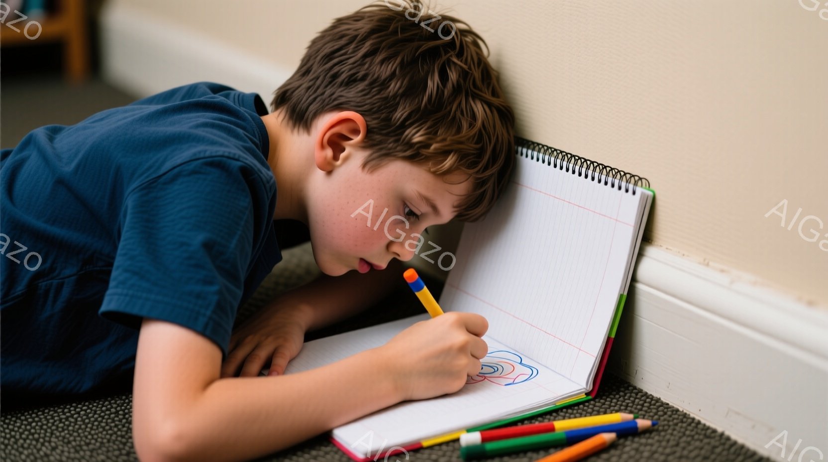 一人の少年が床に座って、スケッチブックに色鉛筆で絵を描いています。彼は青いシャツを着ており、茶色の髪は少し無造作に乱れています。背景はベージュ色の壁とカーペットで、いくつかの色鉛筆が床に転がっています。