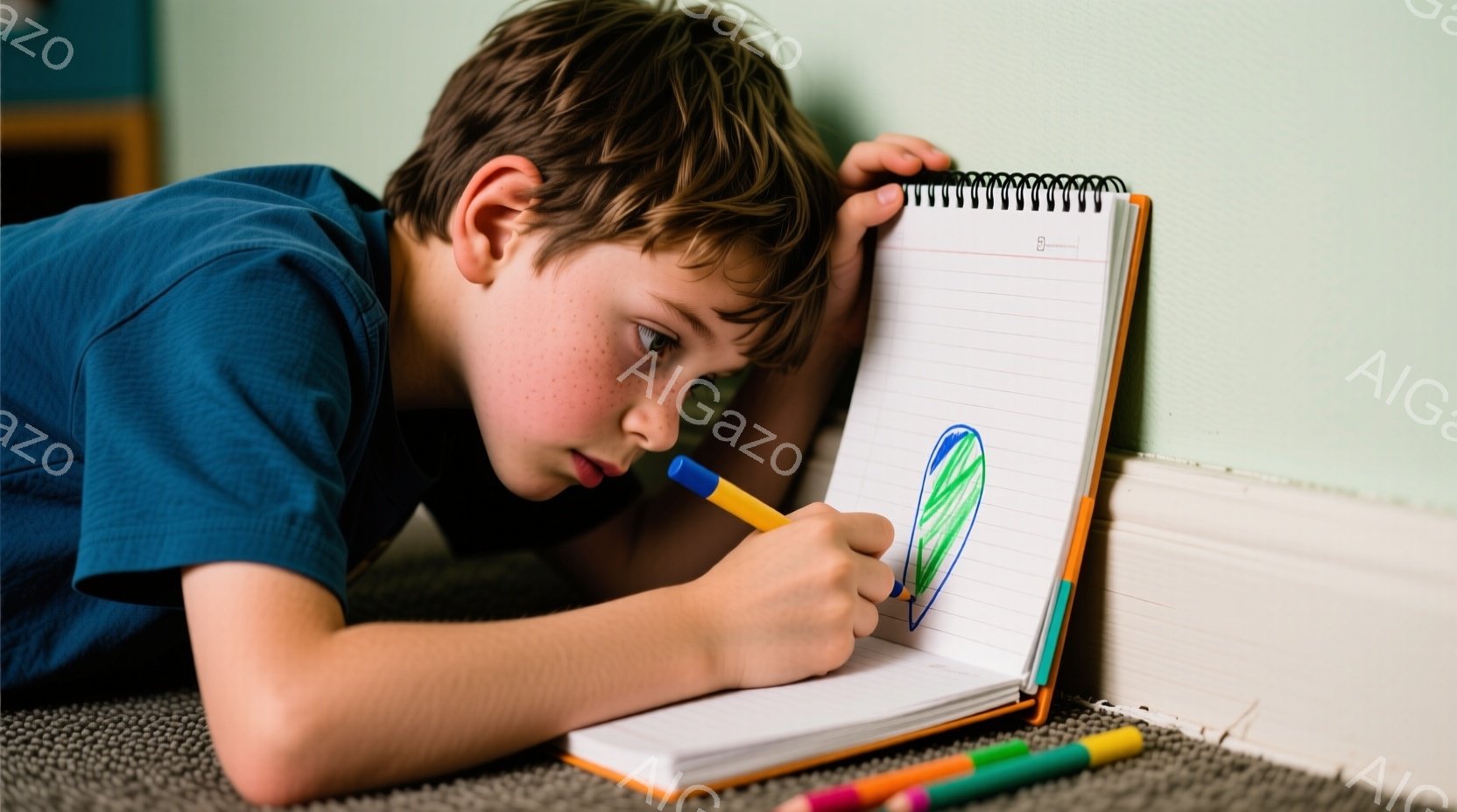 若い少年が床に横たわり、スケッチブックに青色のクレヨンで何かを描いています。彼は青いシャツを着ており、短い茶色の髪を持ち、集中した表情で筆を走らせています。背景は薄い緑色の壁とグレーのカーペットで、数本のクレヨンが床に散らばっており、リラックスした、創造的な雰囲気です。