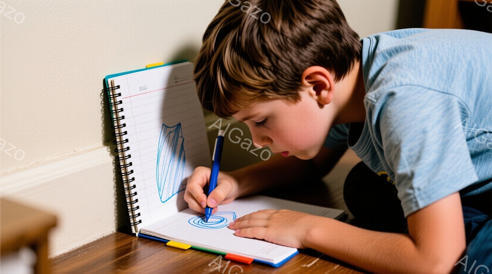 若い少年が床に座り、スパイラル模様を描くことに集中しています。彼は青いTシャツを着ており、短い茶色の髪をしています。ノートは開いており、床にはカラフルな付箋がいくつか散らばっています。