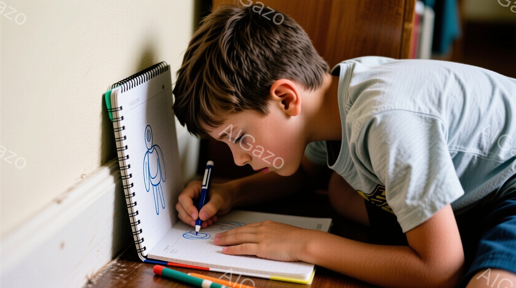 茶髪の少年が床に座り、開いたスケッチブックに青いペンで絵を描いている。彼は灰色のTシャツを着ており、集中して絵に没頭している様子が伺える。背景には木製の家具が見え、室内でリラックスした雰囲気で創作活動をしている様子がうかがえる。