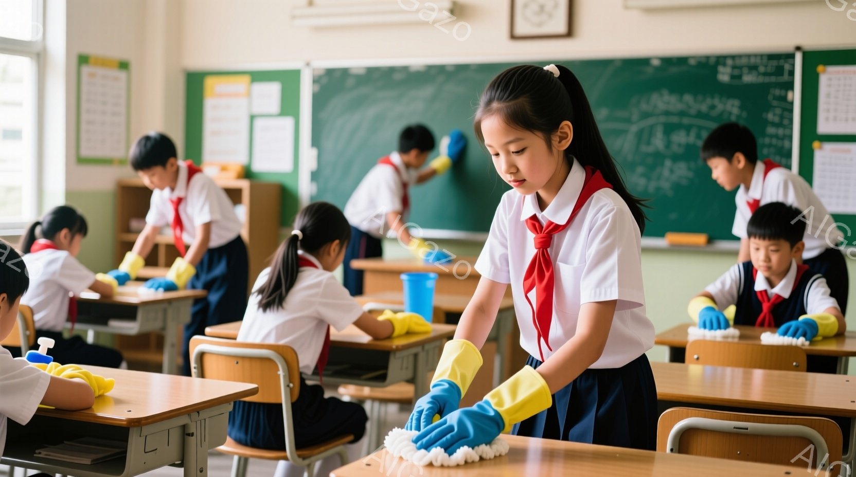 教室で生徒たちが掃除をしている様子が写っている。紺色の制服に赤いネクタイを締め、黄色のゴム手袋をはめて机を拭いている生徒の姿が目立つ。背景には黒板や教卓が見え、教室全体が清潔に保たれている様子が伺える。
