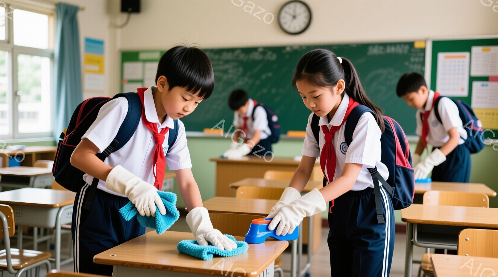教室で生徒たちが机を掃除している様子が描かれています。制服を着た少年少女は、白い手袋を着用し、ぞうきんやスプレーボトルを使って丁寧に机を拭いています。背景には、他の生徒が掃除をしている姿が見え、黒板に - AI生成フリー素材