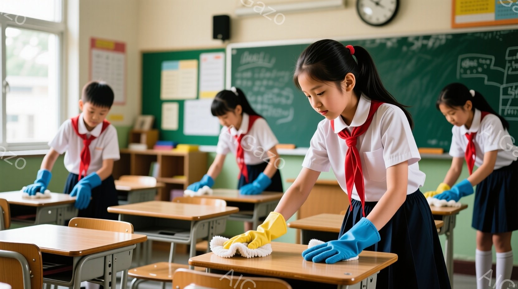 制服を着た小学生数人が教室で掃除をしている様子が描かれている。生徒たちは青い手袋を着用し、机の上を拭いている。背景には黒板があり、時計がかけられているため、学校の教室であることがわかる。