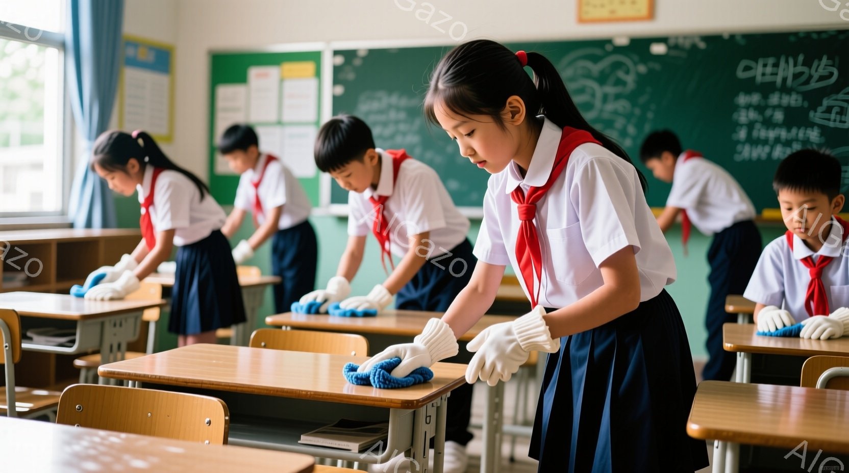 制服を着た学生たちが教室で掃除をしている様子が写っています。紺色のスカートと白いシャツに赤いネクタイ、そして白い手袋を着用し、真剣な表情で机を拭いています。教室の黒板には文字が書かれており、窓からは自然光が差し込み、清潔で明るい雰囲気が漂っています。