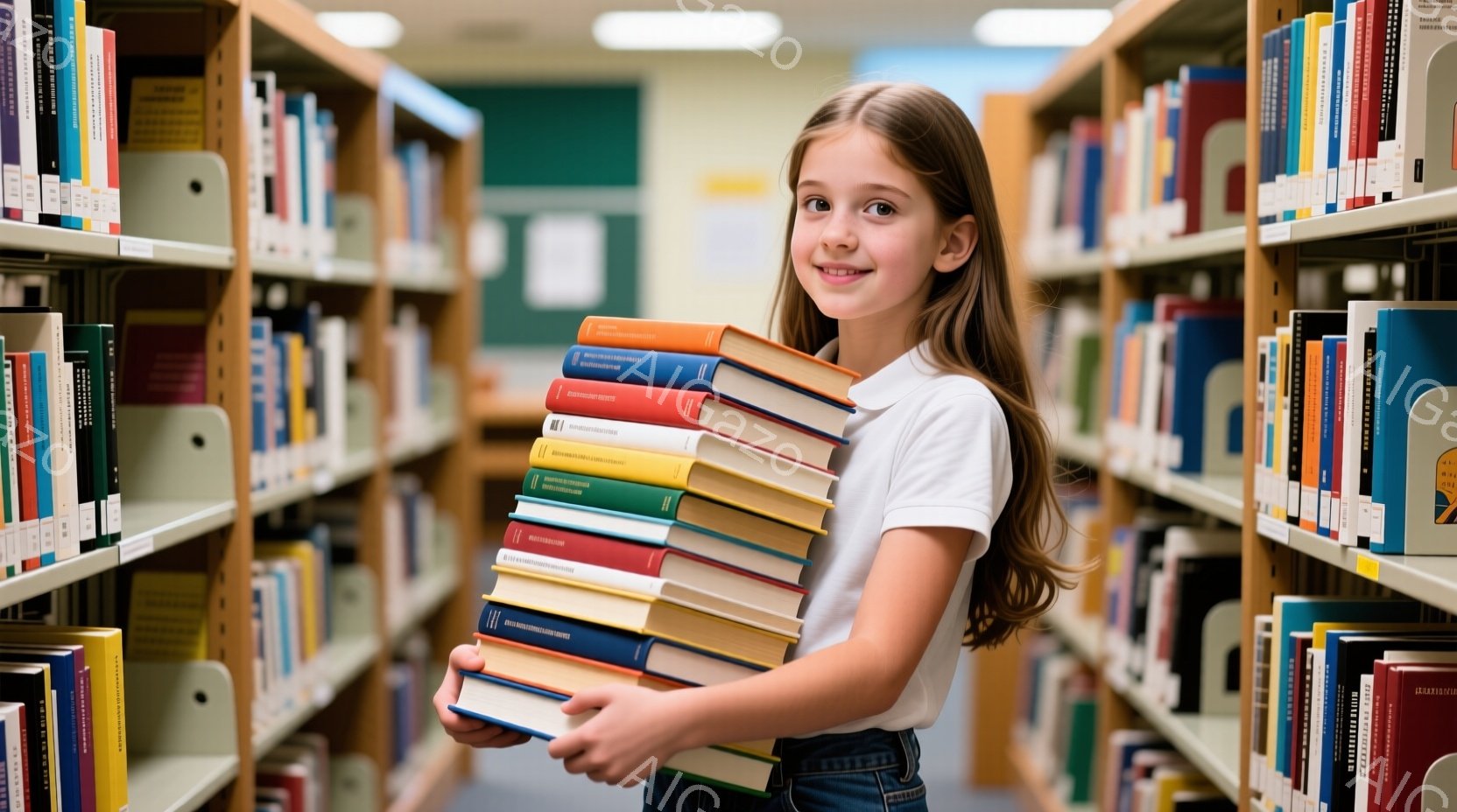 図書館の棚の間で、若い女の子がたくさんの本を抱えています。彼女は白いTシャツとジーンズを着ており、髪は肩までの長さで、軽くカールしています。彼女はカメラに向かって微笑んでおり、活気に満ちた本と彼女の明るい表情が、知性と学習の雰囲気を醸し出しています。