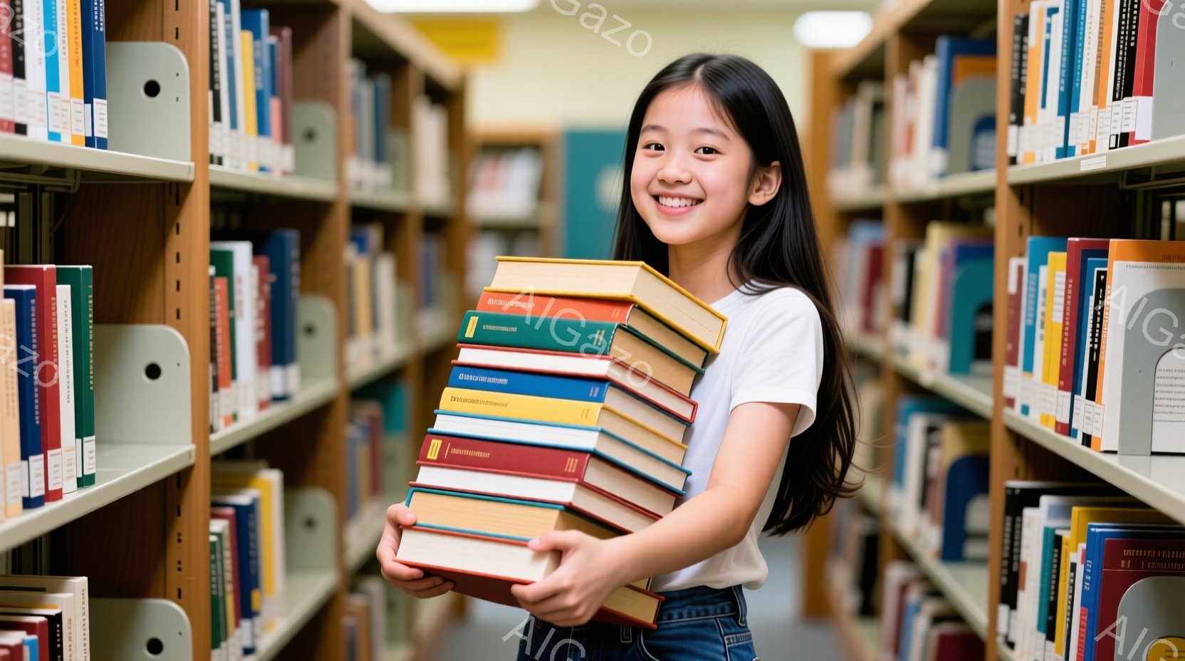 図書館で、若い女性がたくさんの本を抱えています。彼女は白いTシャツとジーンズを着ており、長く黒い髪は肩にかかっています。笑顔でカメラを見つめており、本に囲まれた背景は、学習や知識へのアクセスを連想させ、明るくポジティブな雰囲気を作り出しています。