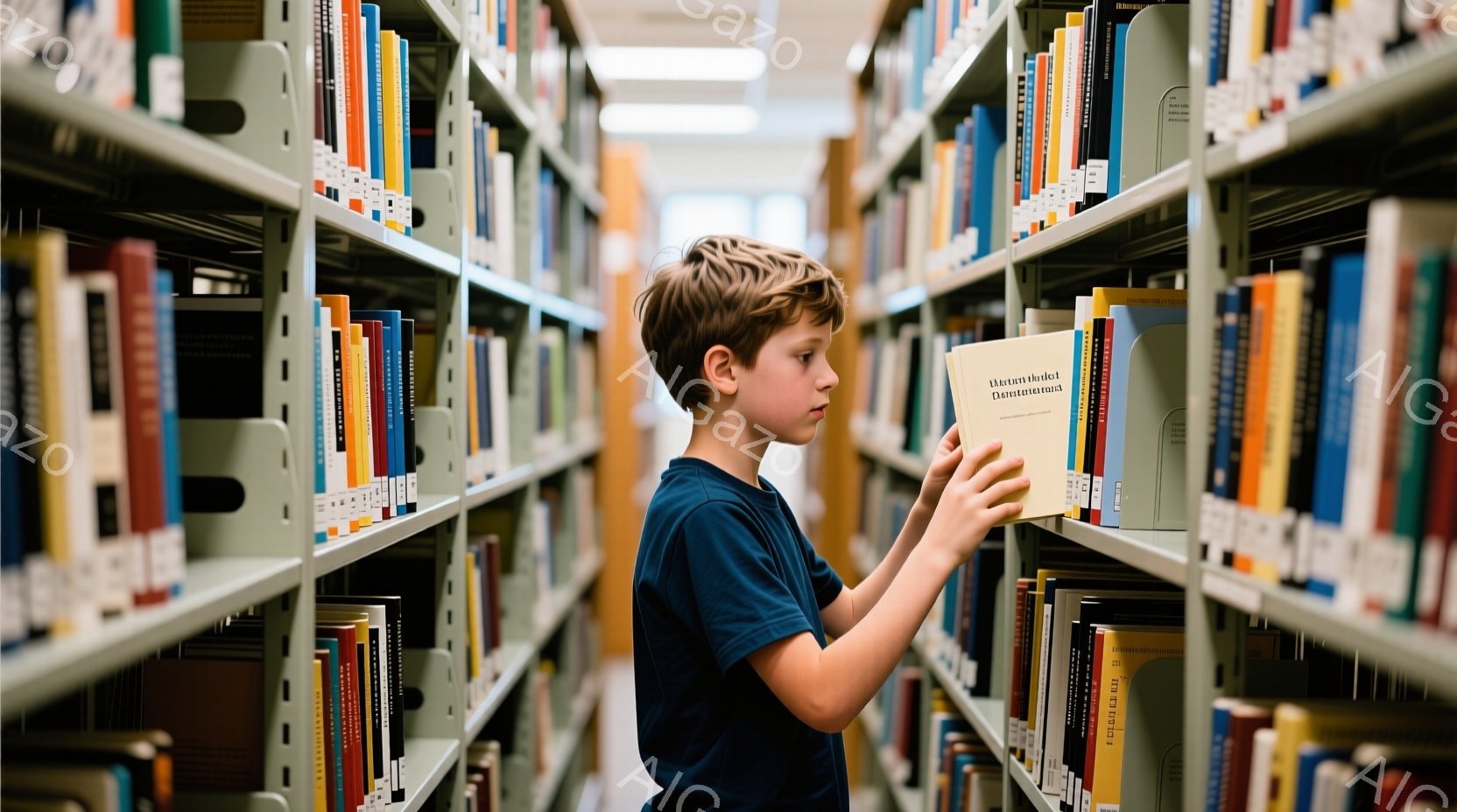 図書館の本棚の前で、少年が本を探している様子が写っている。彼は濃い青色のTシャツを着ており、短く刈り込んだ髪型をしている。本棚は様々な色の本で埋め尽くされており、図書館の静かで知的な雰囲気を醸し出している。