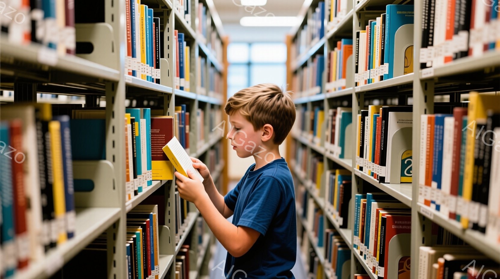 茶髪の少年が図書館の本棚の間で本を探している。青いTシャツを着ており、横向きの姿で真剣な表情で本の背表紙を見つめている。本棚は灰色の金属製で、様々な色の本がぎっしりと並び、知識と静けさの雰囲気が漂っている。