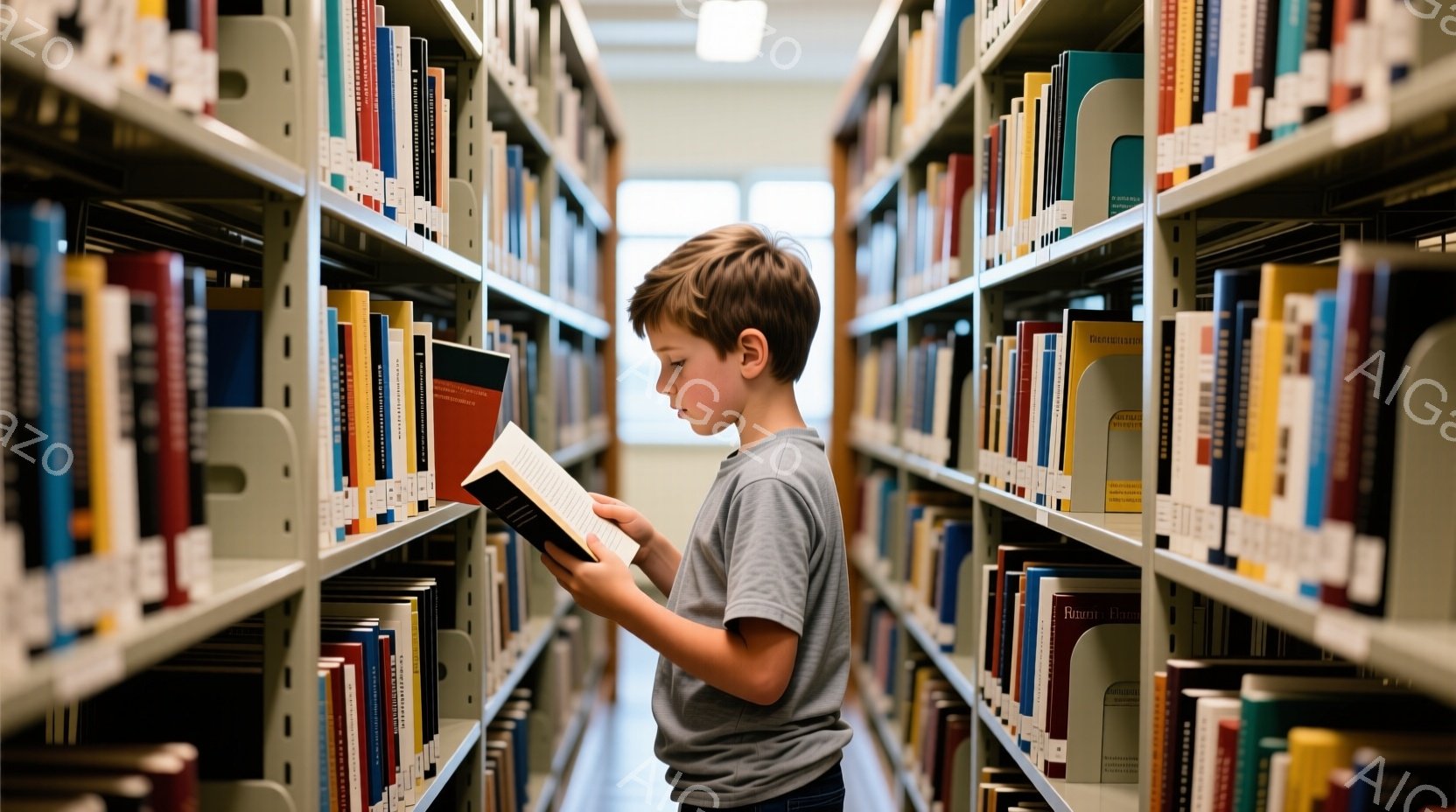 本棚の間で少年が本を読んでいる様子が写っている。少年は灰色のTシャツと濃い色のズボンを身に着け、短く整えられた茶色の髪をしている。彼は集中して本を読み、姿勢はまっすぐで、背景は整然と並んだたくさんの本 - AI生成フリー素材