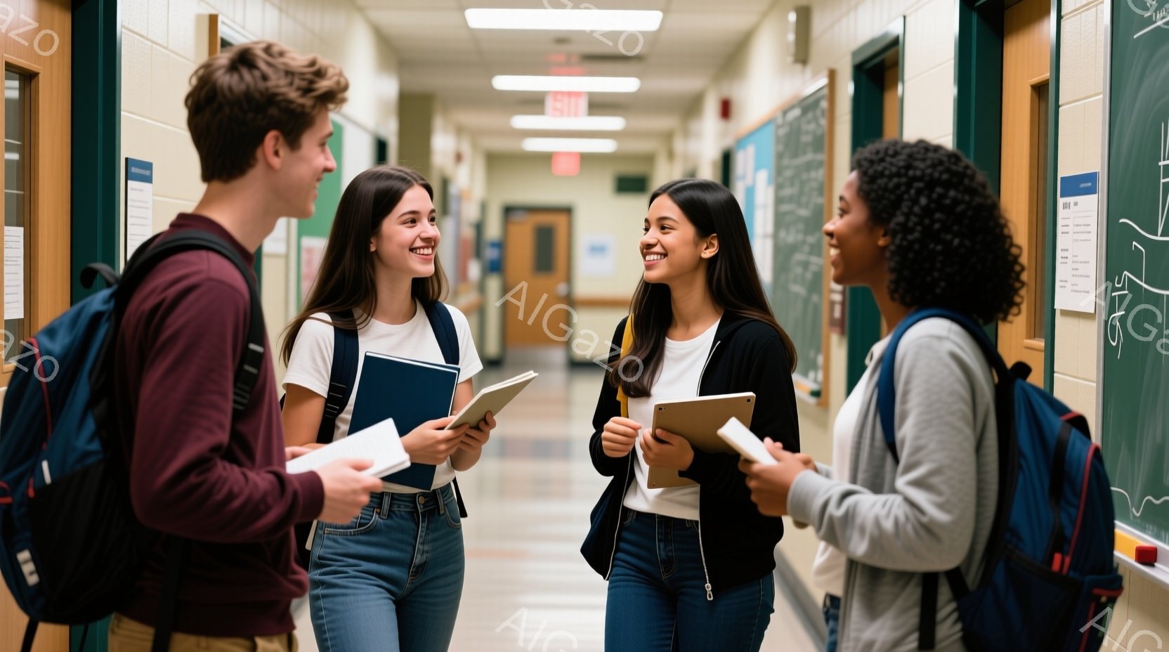学校の廊下で、四人の学生が楽しそうに会話しています。彼らは皆、カジュアルな服装で、リュックサックを持ち、ノートや紙を持っていることから、授業の間または後に談笑しているようです。背景には、緑色のドアや掲示板があり、学校らしい雰囲気です。