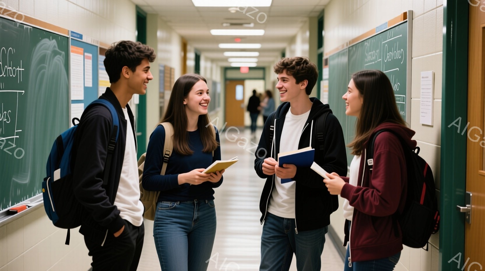 高校の廊下で話し合っている4人の学生が写っています。彼らは皆カジュアルな服装で、バックパックを背負っており、手には本やノートを持っています。表情は明るく、楽しそうで、学校の廊下の壁にはポスターや掲示物が貼られています。