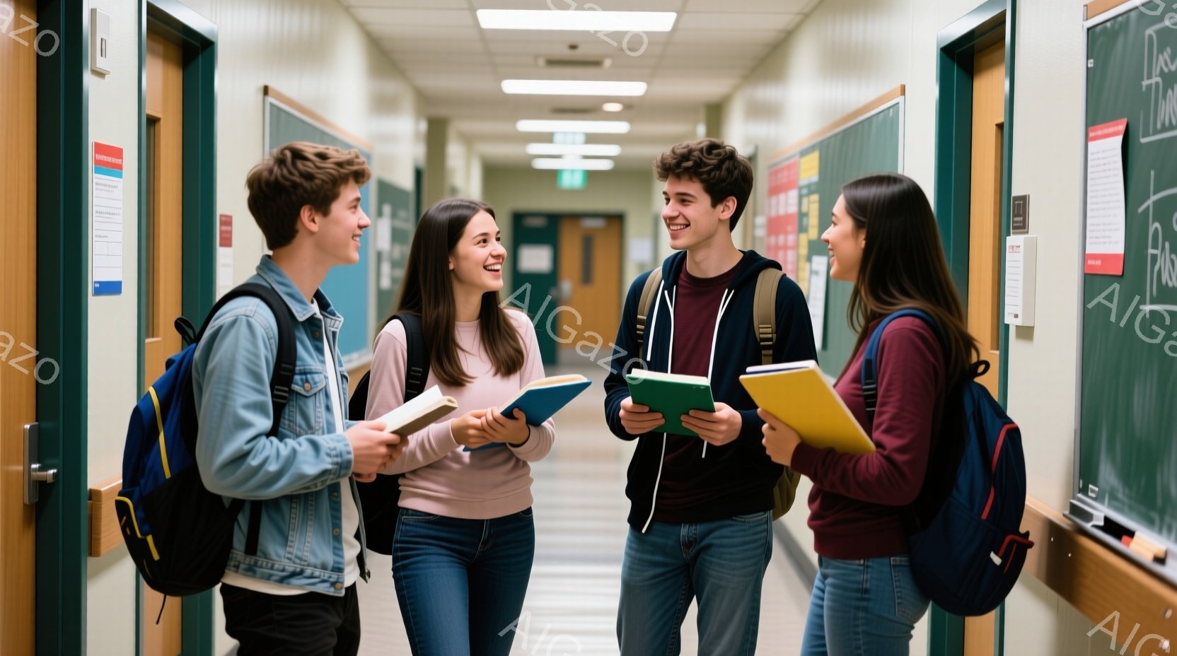 廊下で四人の若い学生が立っており、皆楽しそうに会話をしている様子です。男性はデニムジャケットとジーンズ、女性はそれぞれ薄いピンクと紫色のセーターを着ており、皆バックパックを背負っています。背景は学校の - AI生成フリー素材