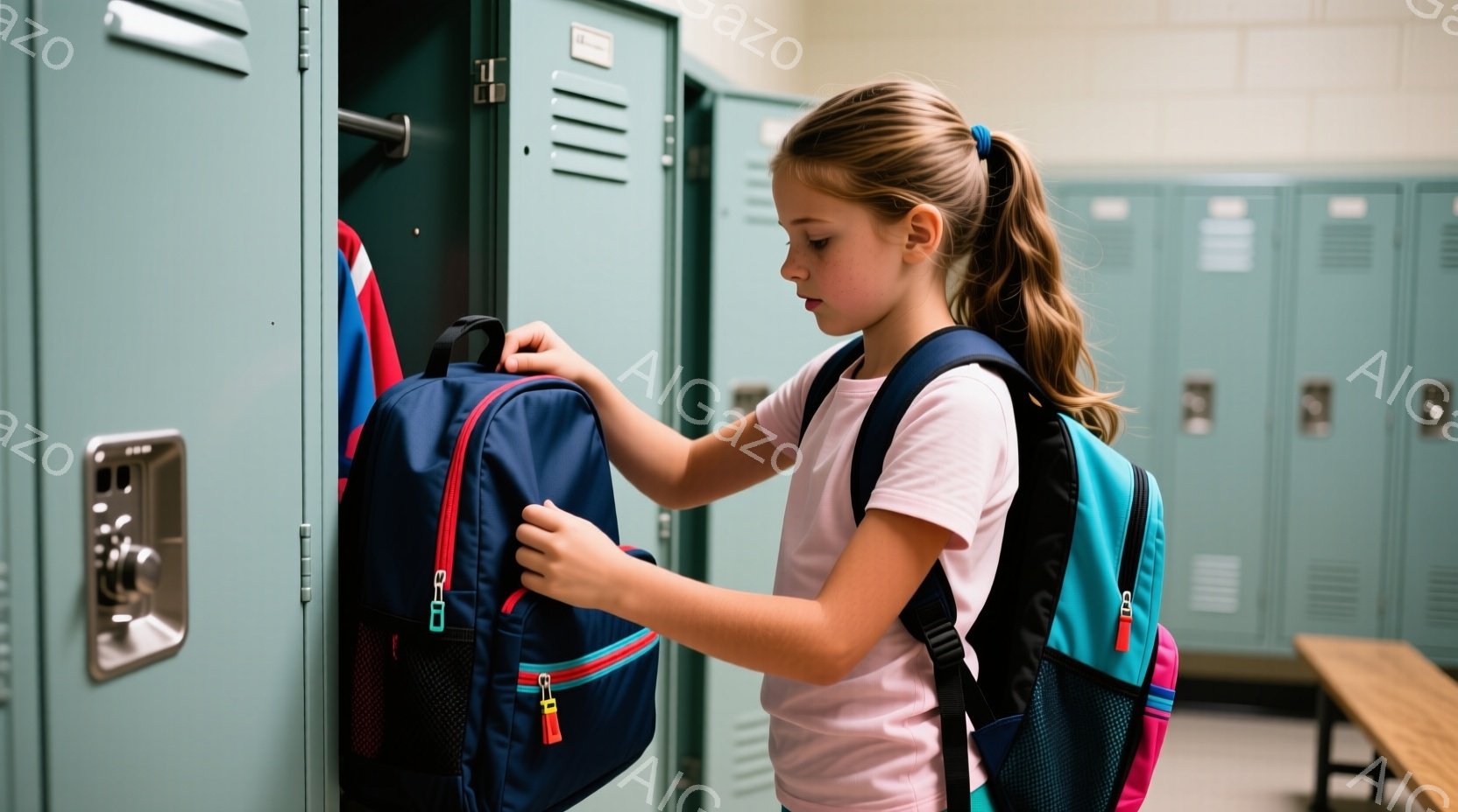 学校のロッカーの前で、若い女の子が青とピンクのバックパックを扱っている。彼女はピンク色のTシャツを着ており、髪はポニーテールに結ばれている。背景には、他のロッカーが並んでおり、学校内の廊下の様子が伺える。