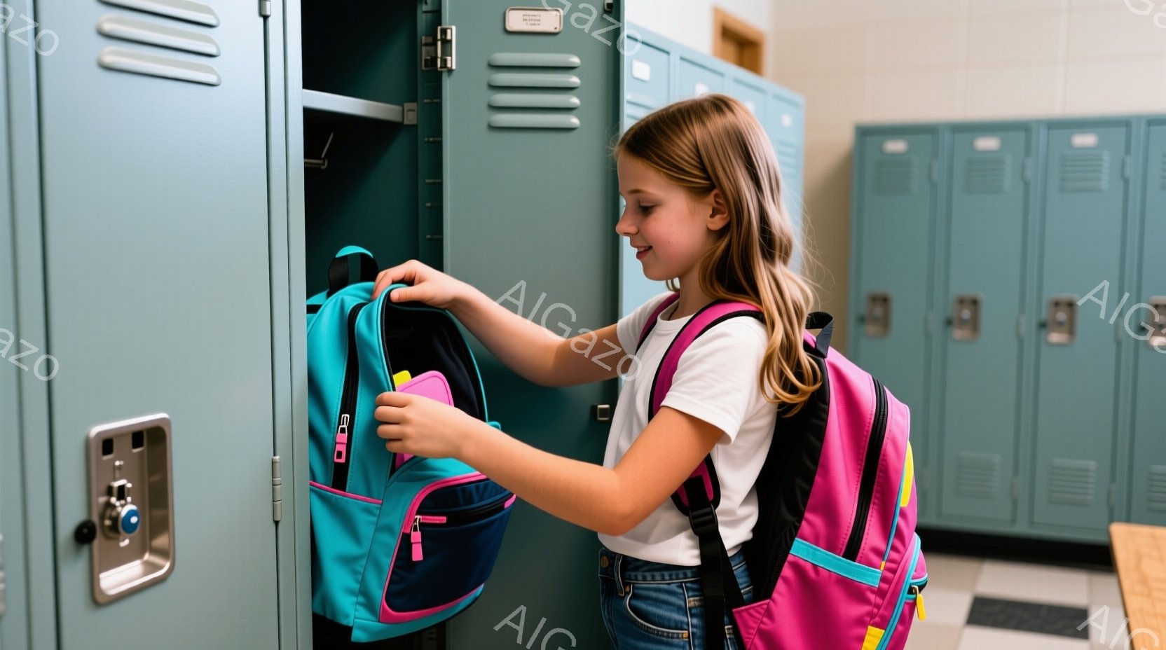 茶髪の少女が、ターコイズブルーとピンクのバックパックをロッカーに収納しようとしています。彼女は白いTシャツとジーンズを着ており、横向きで少し下を向いています。背景には、青い金属製のロッカーが並んでおり、学校の廊下の様子が伺えます。