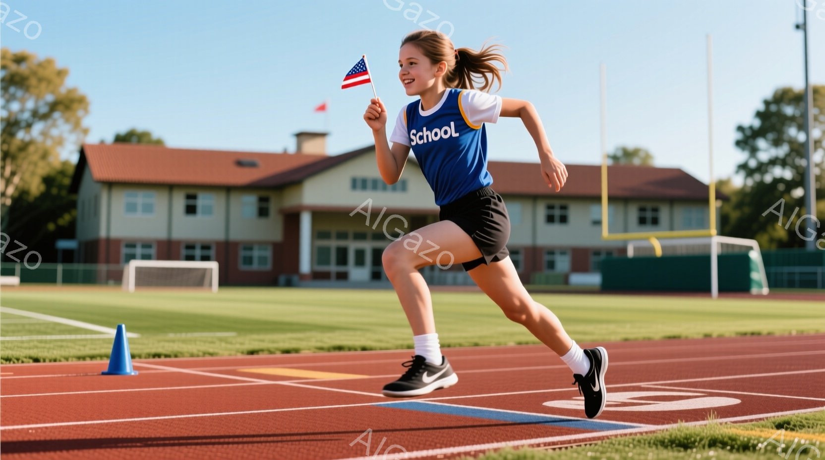 少女は競技場で走っており、アメリカ国旗を持っています。彼女は紺色のタンクトップに黒のショートパンツ、黒のスニーカーを履き、ポニーテールにしています。背景には緑の芝生と建物の見える競技場があり、晴れた日差しが差し込んでいます。