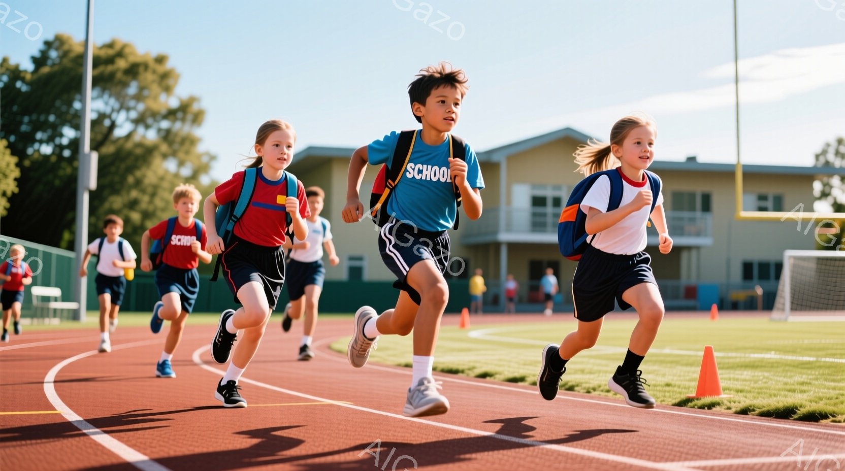 複数の子供たちがトラックを走っている様子が写っている。子供たちは皆、青や赤のTシャツ、紺色の短パンを着用し、リュックサックを背負っている。背景には緑の芝生、オレンジ色のコーン、そしてレンガ造りの建物が - AI生成フリー素材