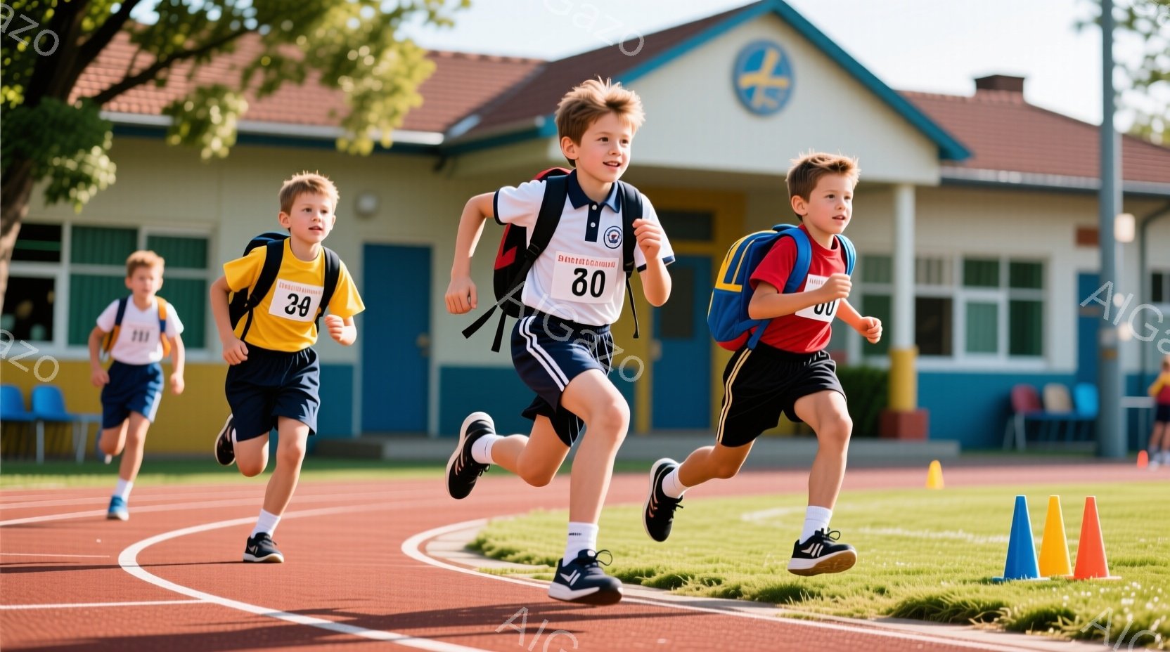 赤いトラックを3人の少年が走っている様子が写っている。少年たちはそれぞれ異なる色のユニフォームを着ており、背中には数字が書かれたゼッケンをつけている。背景には明るい青空と、レンガ造りの建物が見え、晴れた日の運動会の雰囲気を感じさせる。